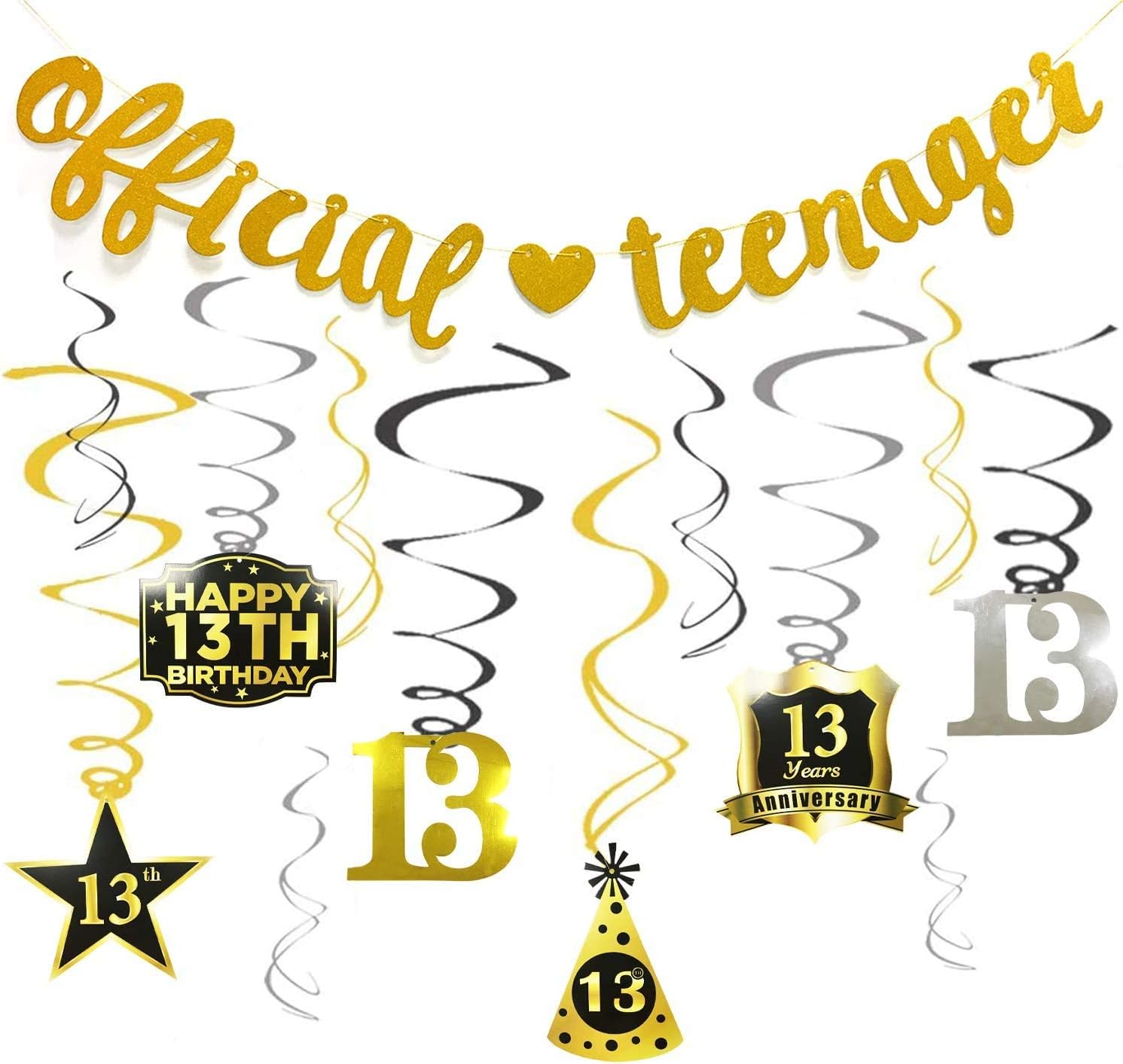 GuassLee Official Teenager Banner Gold 13 Birthday Hanging Swirls Decoration Set for 13th Birthday Party Decorations