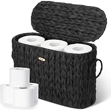 Kathfly Black Toilet Paper Storage Basket with Lid Wicker Woven Bathroom Basket Toilet Paper Holder Holds up to 6 Mega Rolls Woven Organizer for Home Bathroom Kitchen Offices