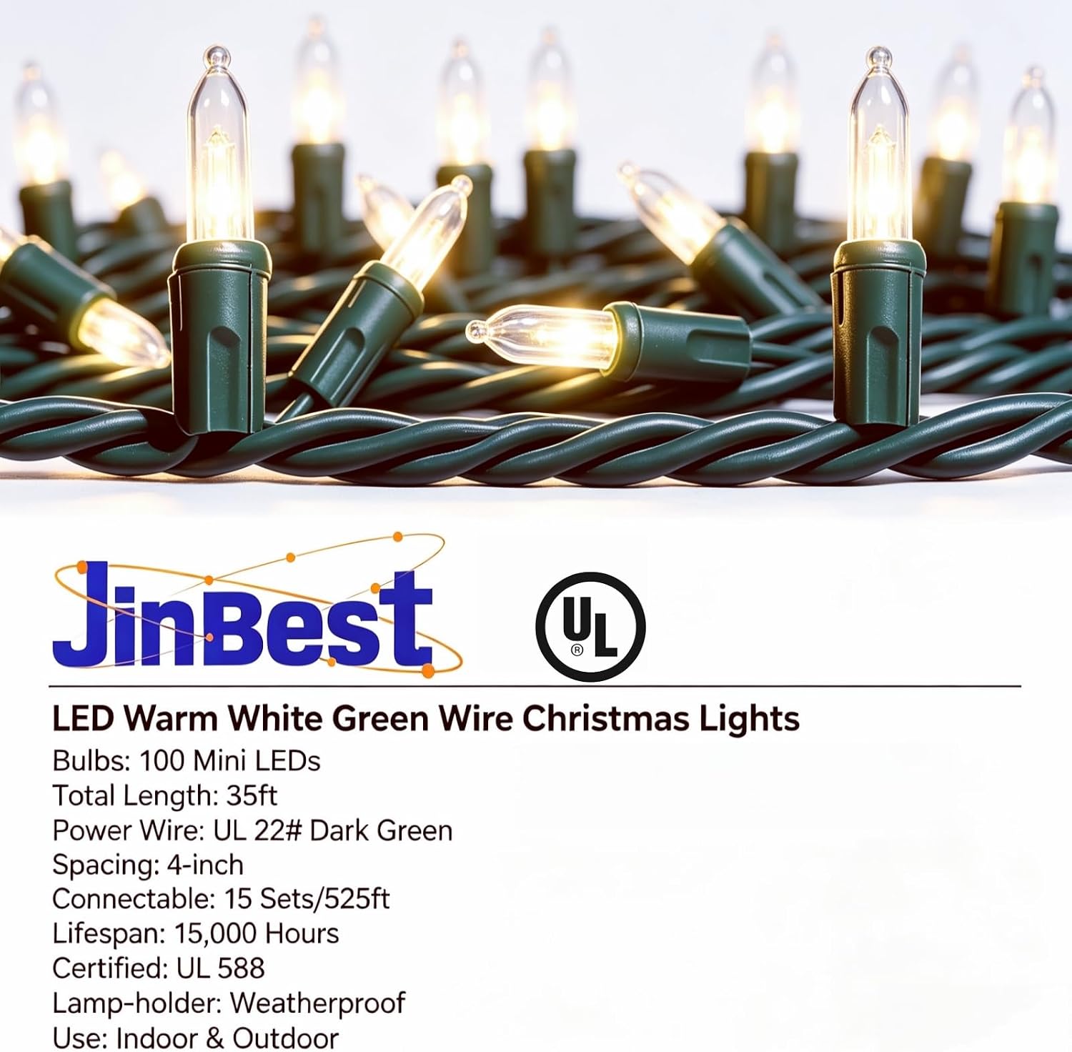100 LED Warm White Green Wire Christmas String Lights, UL Certified and Commercial Decorative Lighting String 35 Ft, for Indoor Outdoor Christmas Trees, Patio, Trees. image 4