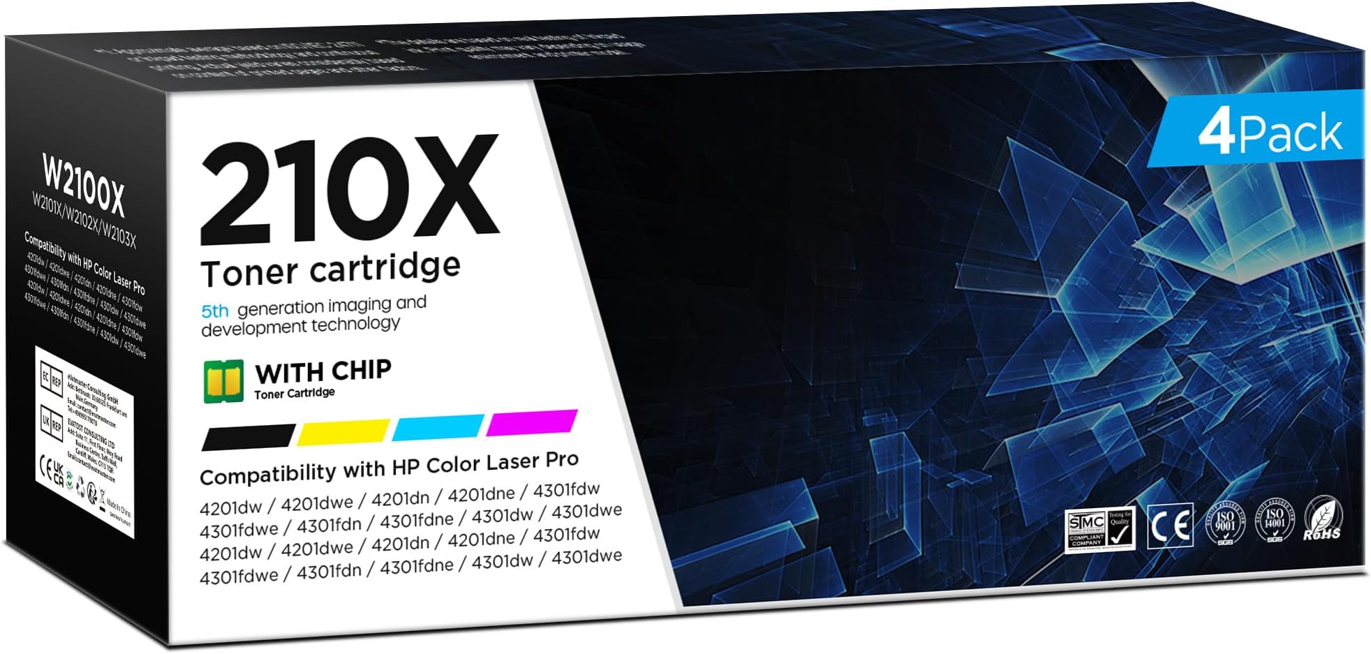 210X Toner Cartridges 4 Pack (with Chip) Compatible with HP 210X 210A W2101X W2102X W2103X for Color Laserjet Pro MFP 4301fdw 4301fdn Wireless Printer Pro 4201dw 4201dn Series Printers (Bk/C/M/Y)