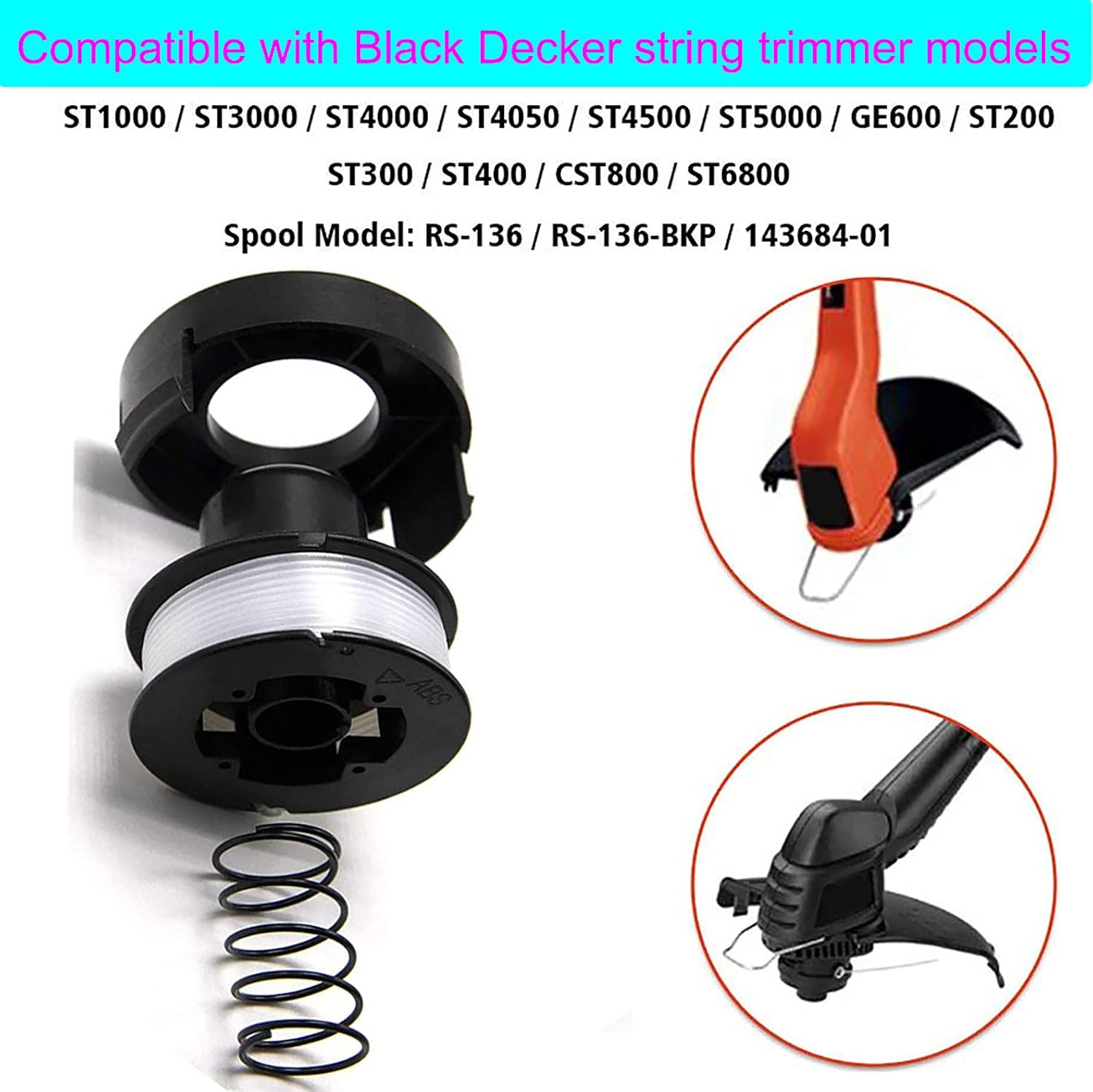 ST4500 Weed Eater Spools Compatible with Black Decker RS-136 GE600 CST800 ST1000 ST4000 ST4500 ST6800 Trimmer Replacement Spool Line 20ft 0.065” Edger Refills Parts Auto-Feed(10 Spool+2 Cap+2 Spring)
