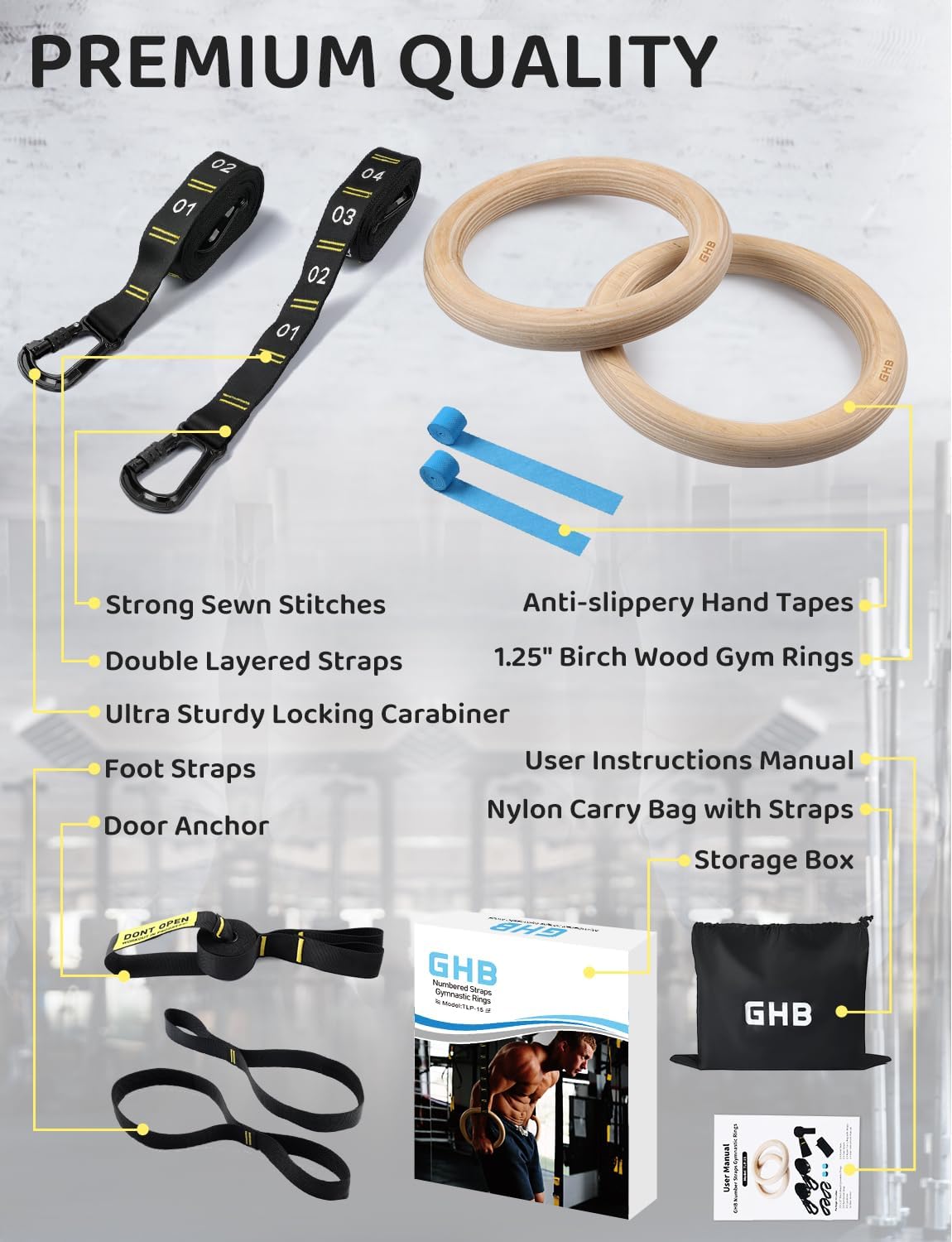 GHB Gymnastic Rings with Adjustable Numbered Straps 1.25'' Wooden Gym Rings Sets for Workout Bodyweight Fitness Training