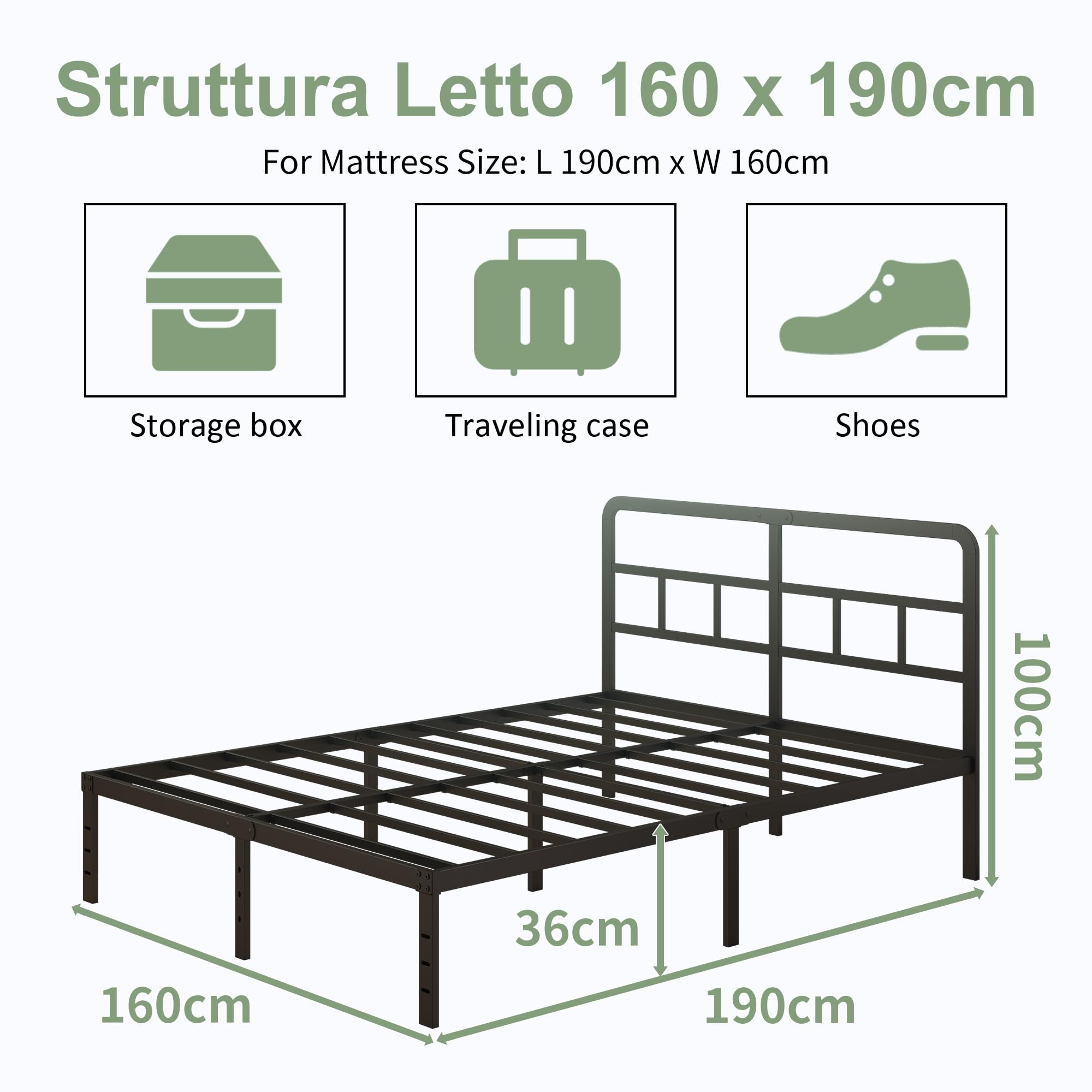 Lutown-Teen Cama de Metal 160x190 cm con Cabecero de Esquina Curvo, Altura 36 cm, Marco de Cama Matrimonio con Somier de Láminas de Acero, Espacio Almacenamiento, Fácil Montaje, Negro