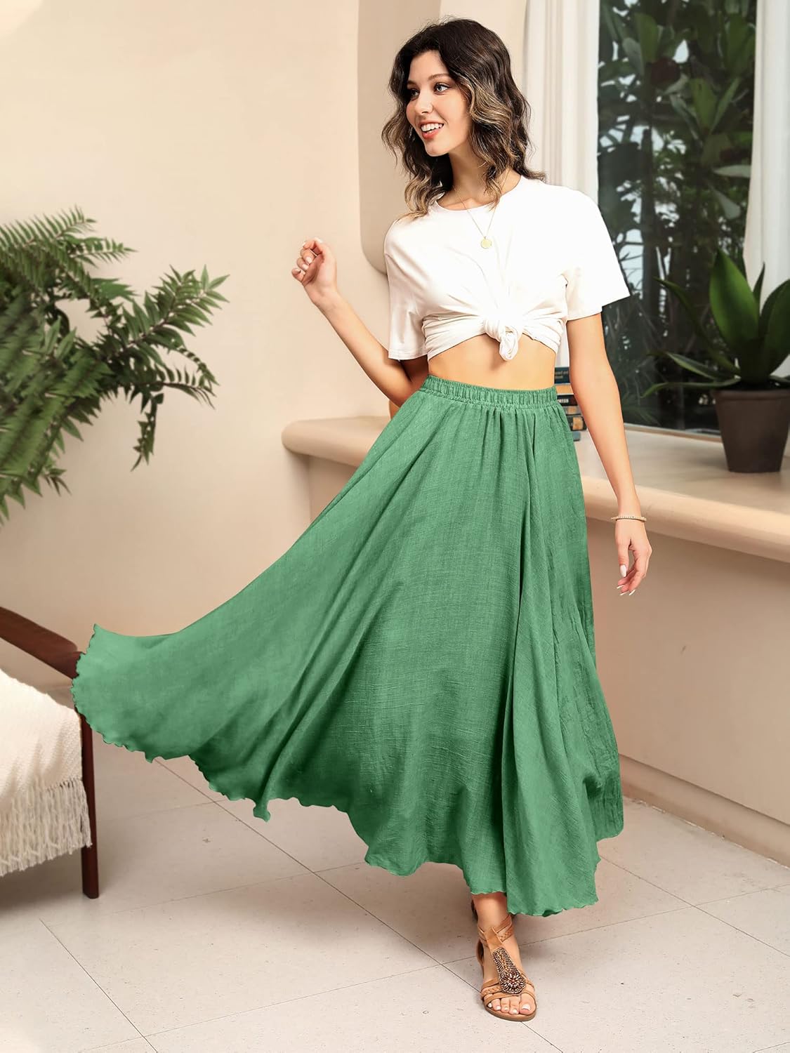 Ezcosplay Women Bohemian Beach A-Line Dress Double Layer Elastic Waist Long Maxi Skirt