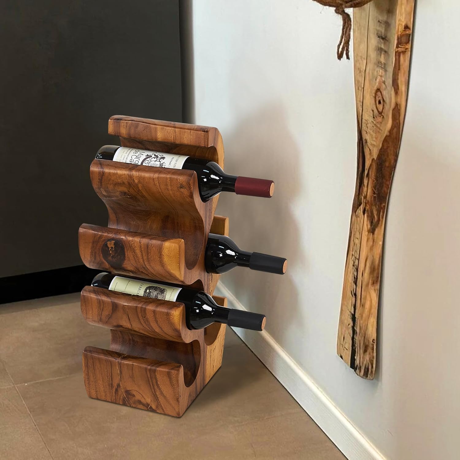 6 Bottle Wood Brown Wine Rack Tabletop Cabinet 19.7" Height Handmade Rustic Wooden Wine Rack Countertop Bottle Holder Stand Kitchen Cellar Storage Home Bar Corner Home Decor