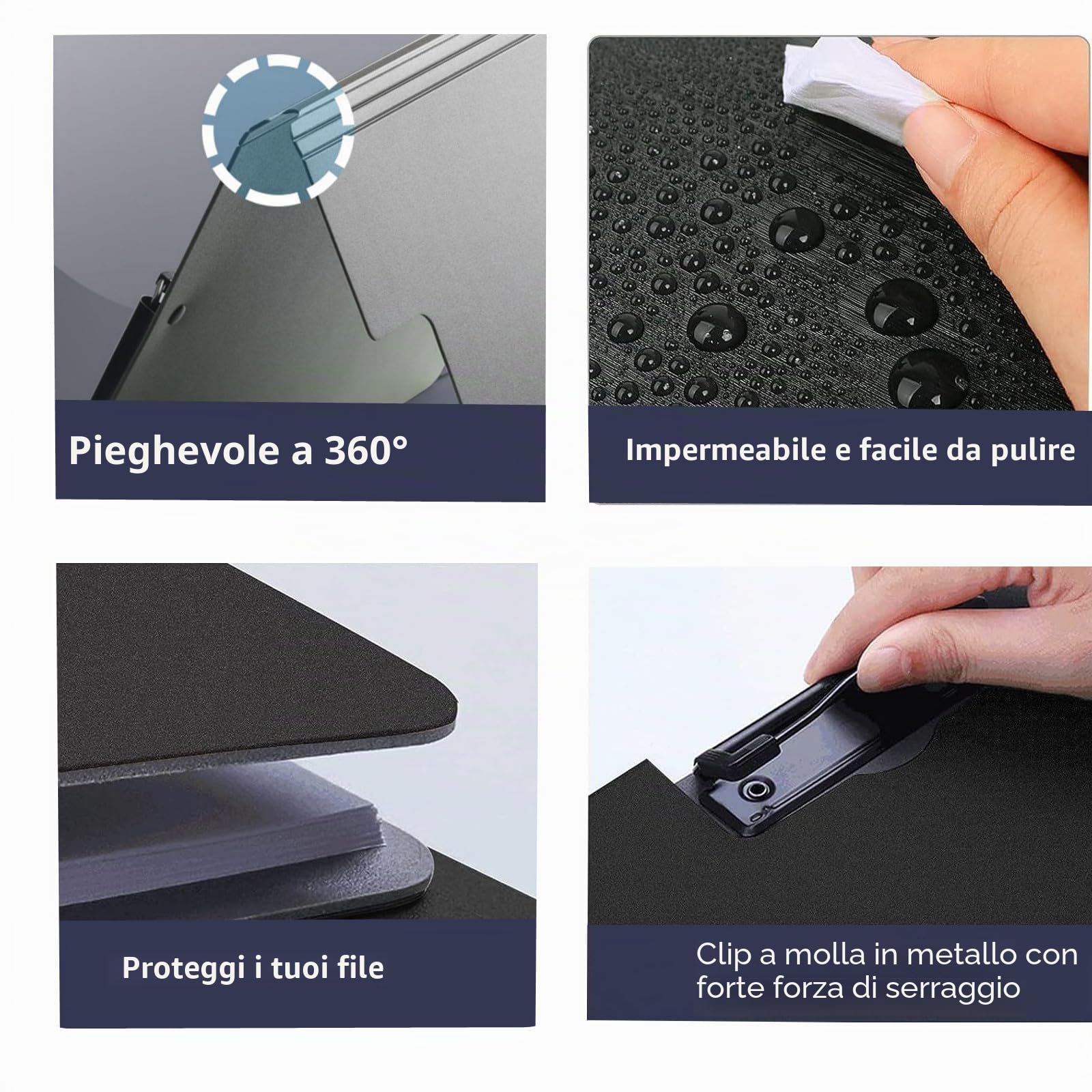 Cartellina portadocumenti A4 con coperchio, 6 lavagne a doppia clip, per lavoro, ufficio, scuola o ristorante, nero