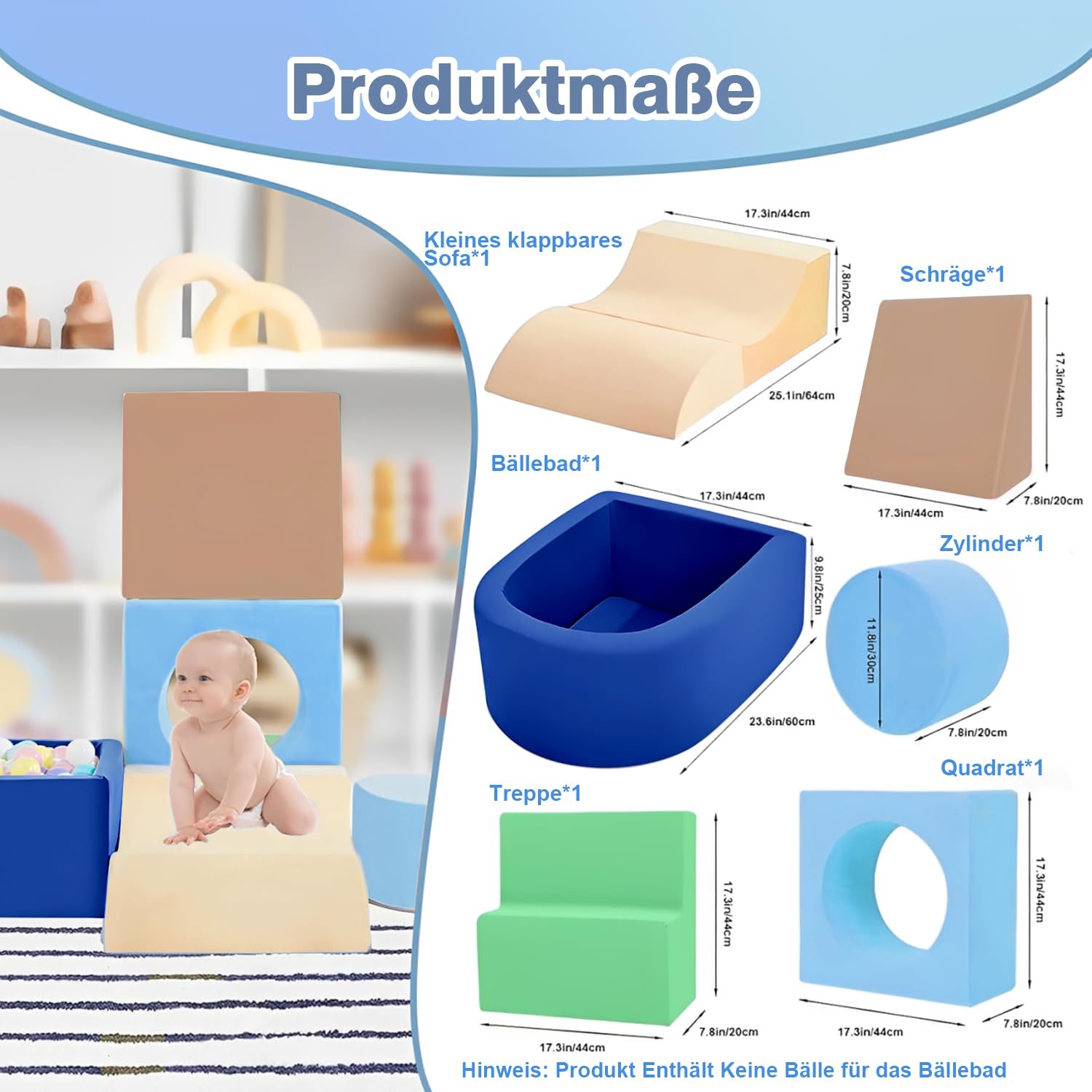 Mattoncini da costruzione in schiuma per bambini da 1 a 3 anni, set softplay da 6 pezzi con blocchi da arrampicata, gioco per arrampicata e gattonare, regalo di compleanno (palline non incluse nella