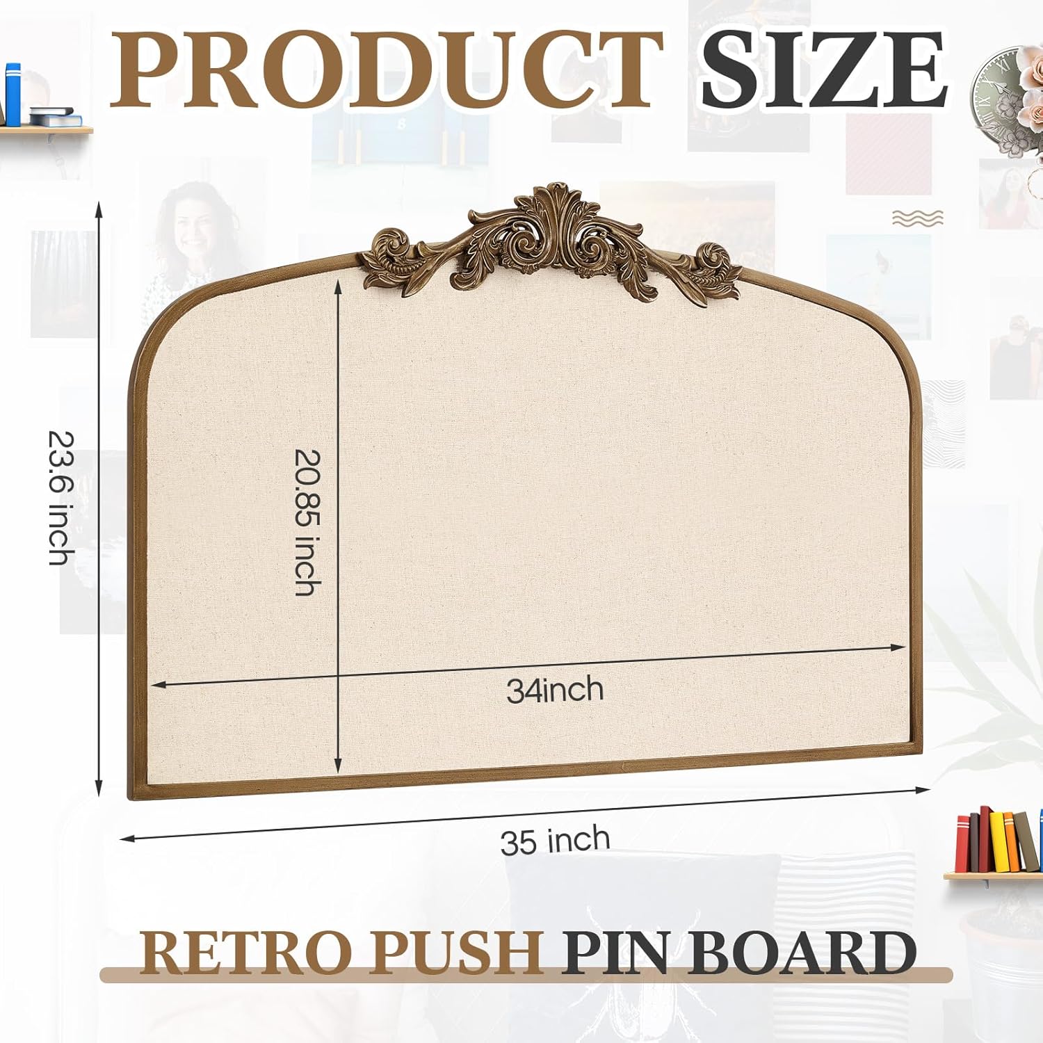 Vintage Framed Pin Board Linen Display Bulletin Board Large Fabric Picture Memo Decorative Prayer Pinboard for Xmas Gift Wall(Arch,23.6" X 35",Antique Golden) Antique Golden 23.6" x 35" Arch