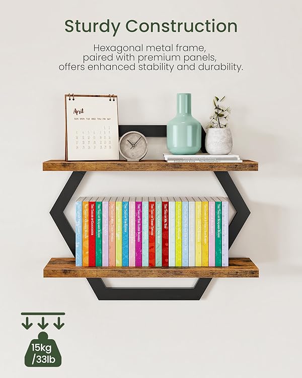 CHOEZON Hexagon Floating Shelves for Wall, Set of 2, 2 -Tier Hanging Shelves, Wall Mounted Storage Shelves, for Living Room, Bedroom, Kitchen, Home Office, Study, Rustic Brown and Black TBJ06P2BF by CHOEZON - Image 4