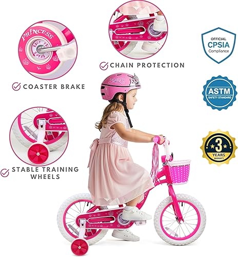 Miniatura 4 de Bicicleta para niñas de 2 a 3 años con ruedas de entrenamiento, canasta, serpentinas, bicicleta de pedal rosa, regalo de cumpleaños, 12, 14, 16