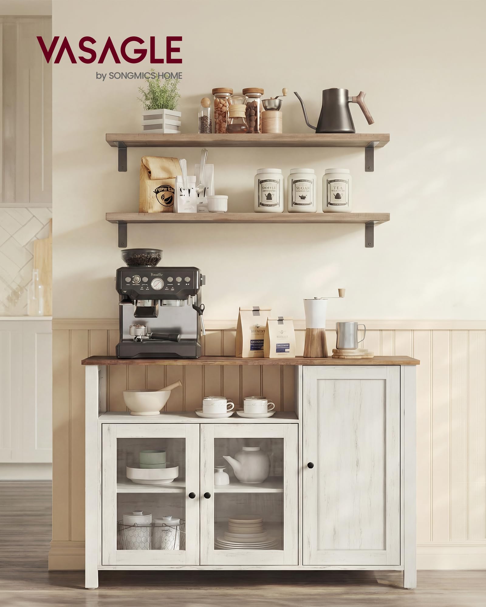 VASAGLE Meuble de Rangement, Buffet, Armoire de Cuisine, Placard, avec 3 Portes, pour Salon, Cuisine, Salle à Manger, 33 x 110 x 75 cm, Style Rustique, Marron Miel et Blanc Rustique LSC096WJ02