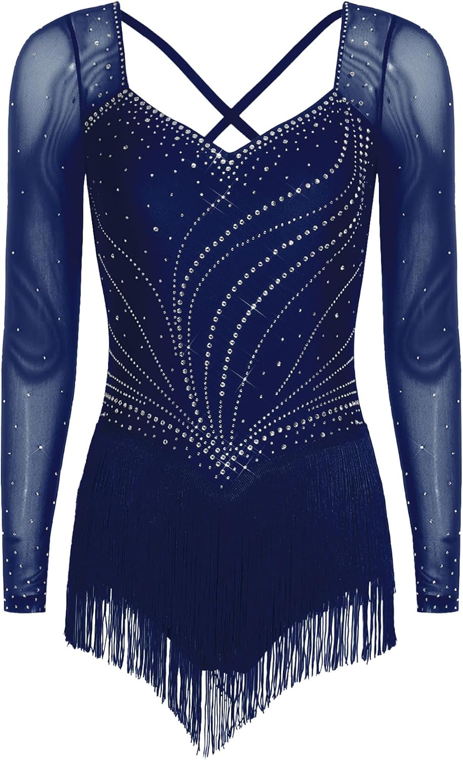 Vxuxlje Womens Latin Dance Dress Rhinestone Tiered Tassel Bodysuit Tango Rumba Dance Costume