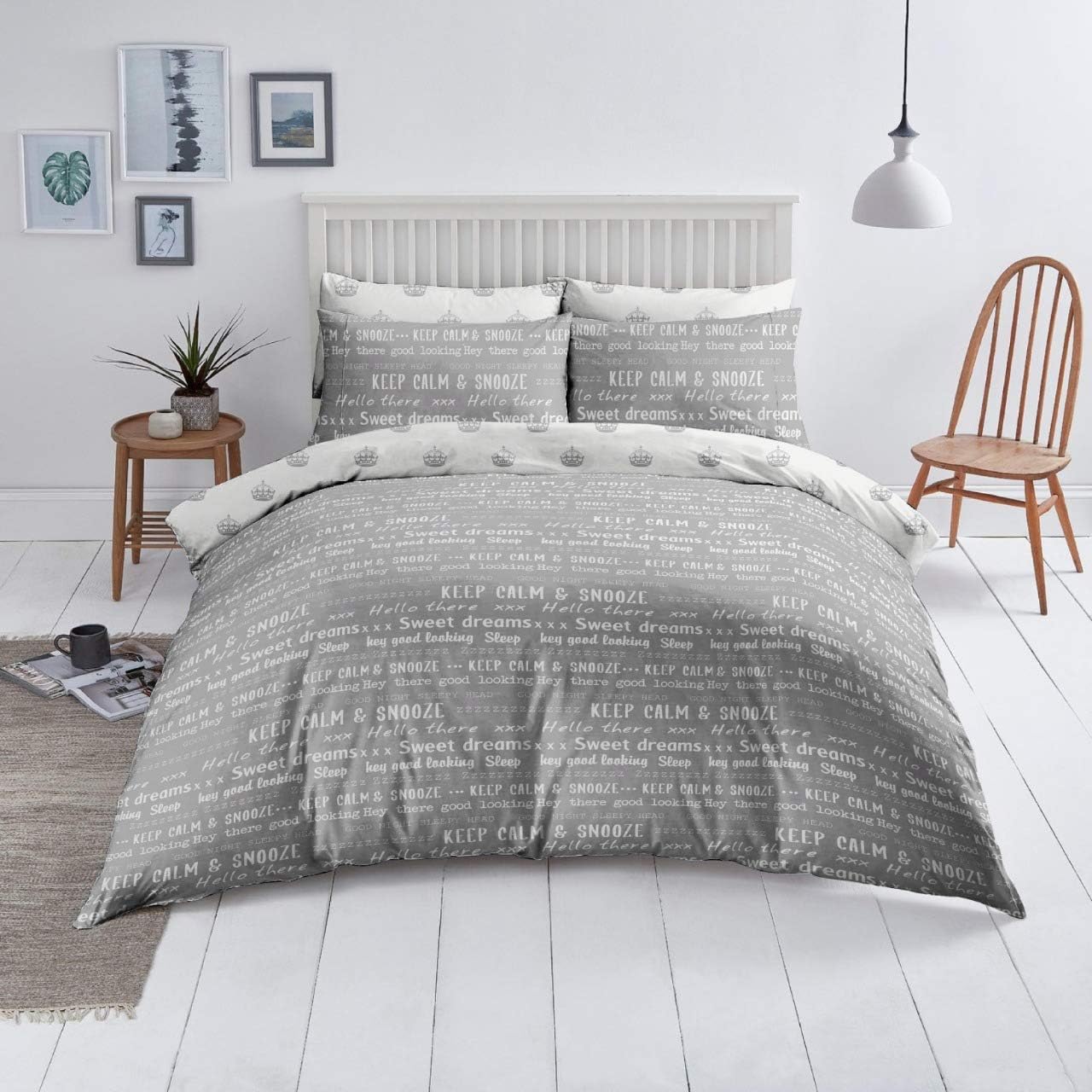 DTEX HOMESDuvet Cover Set Easy Care 3 Pcs Reversible Pattern Printed Quilt Cover Set With 2 Pillow Cases (Keep Calm Grey, King)