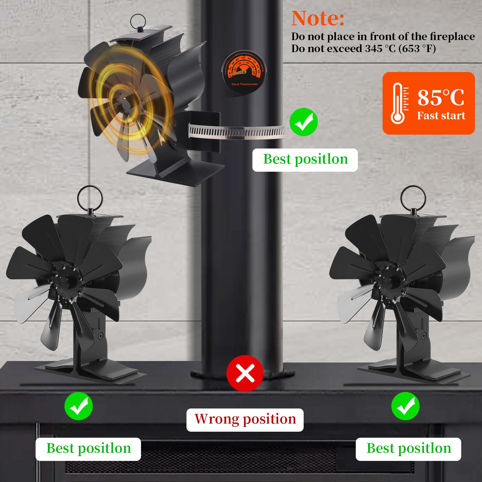 2 in 1 Ventilatore per camino, ventilatore per stufa 8 pale per camino, ventilatore alimentato a calore con termometro, stufa ventilatore senza elettricità per stufa a legna/camino/tubo del camino