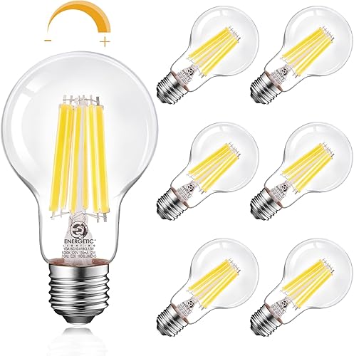 Energetic - Bombilla LED Edison A19 regulable, equivalente a 12 W, 100 W, alto brillo de 1600 lúmenes, luz diurna de 5000 K, bombilla de filamento
