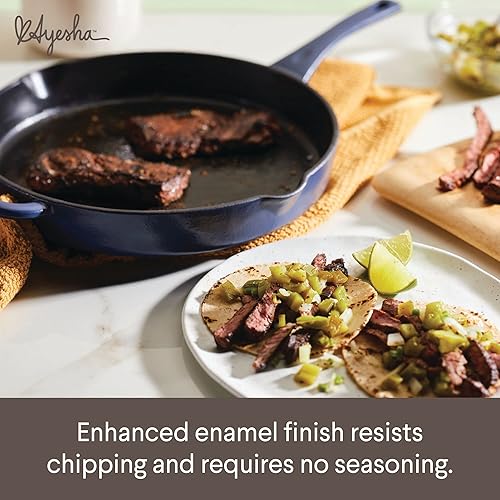 Miniatura 4 de Ayesha Curry Kitchenware Sarténsartén de hierro fundido esmaltado con mango auxiliar y boquillas de vertido, 12 pulgadas - Anchor Blue