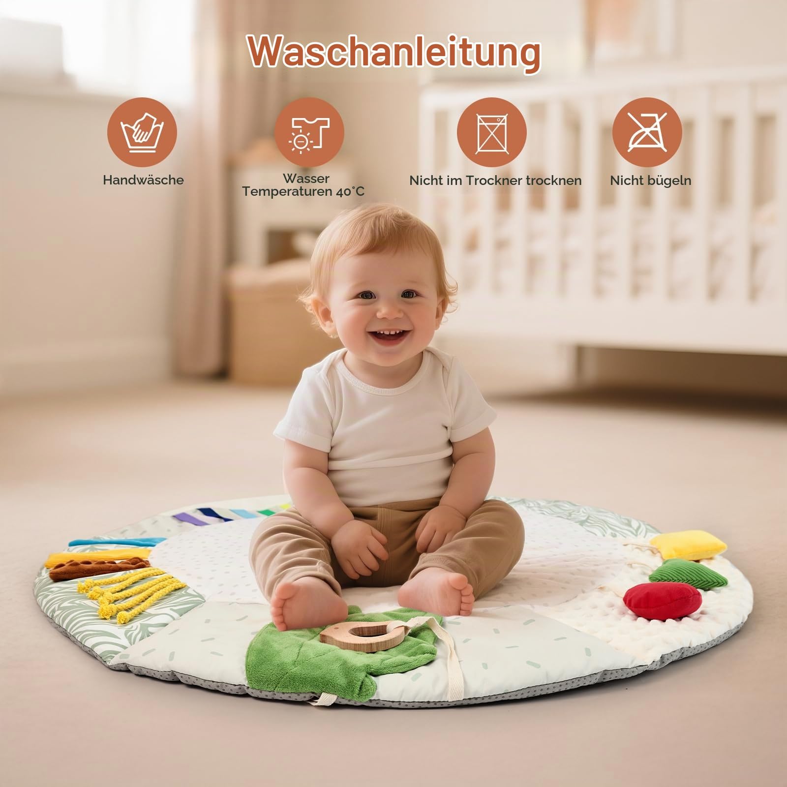OESSUF Baby Krabbeldecke Rund 85cm – 5 Sinneszonen für Sensorik Motorik | Baby Spielmatte für Spielebogen, Weich Rutschfest | Babydecke für Neugeborene ab 0 Monate Jungen Mädchen | Geschenk zur Geburt