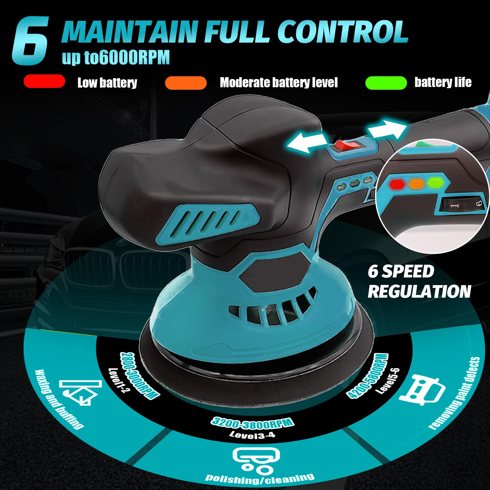 Lucidatrice a batteria per auto, 18 V, set professionale con 2 batterie da 3,0 Ah + caricatore e accessori da 24 pezzi, regolabile in 6 livelli, 6000 giri/min