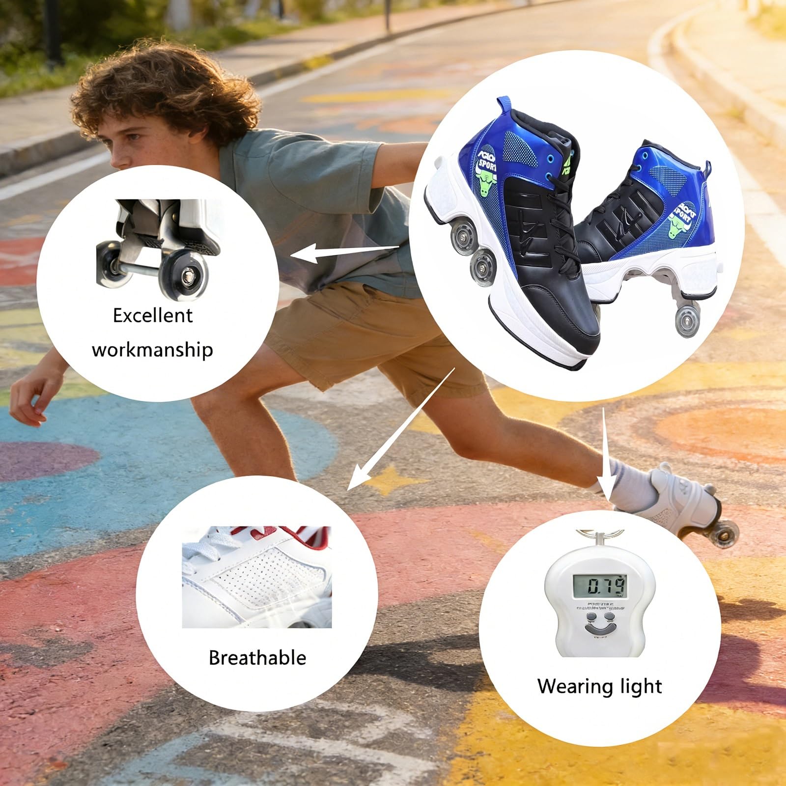 Unisex 2 W 1 Wysokie Trampki Do Rolek | Wrotki Dziecięce Z 4 Kółkami Z Odpinanymi Kółkami, Dwurzędowym Kółkiem Deform | 2 W 1 Niewidoczne, Automatyczne Buty Do Chodzenia