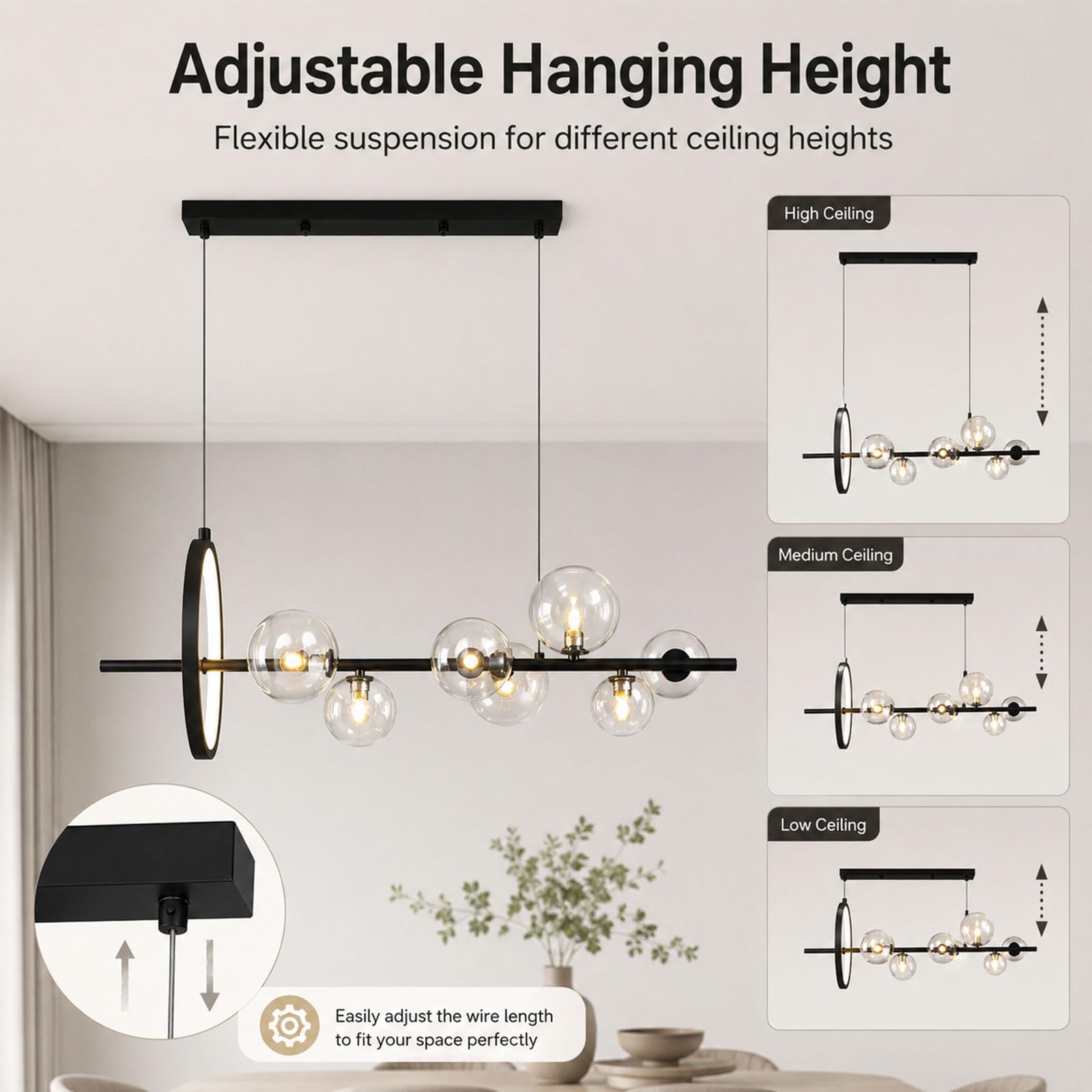 CONERY Lampada a sospensione moderna in metallo con sfera, lampadario in vetro a 7 luci/10 luci, lampada a sospensione industriale a sospensione a soffitto nero per camera da letto, soggiorno, cucina