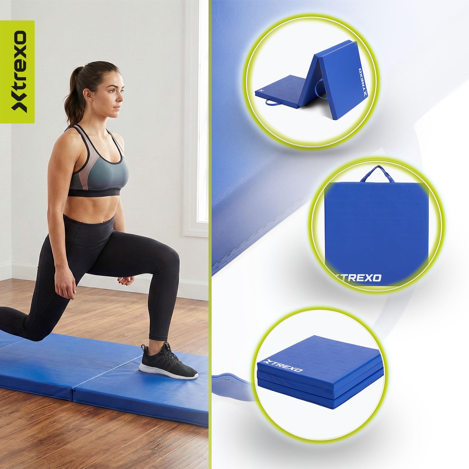 XTREXO Materasso da ginnastica pieghevole, 180 x 60 x 5 cm, 3 pezzi, rivestimento in pelle ecologica resistente all'abrasione, schiuma di polietilene flessibile, maniglia per il trasporto, facile da