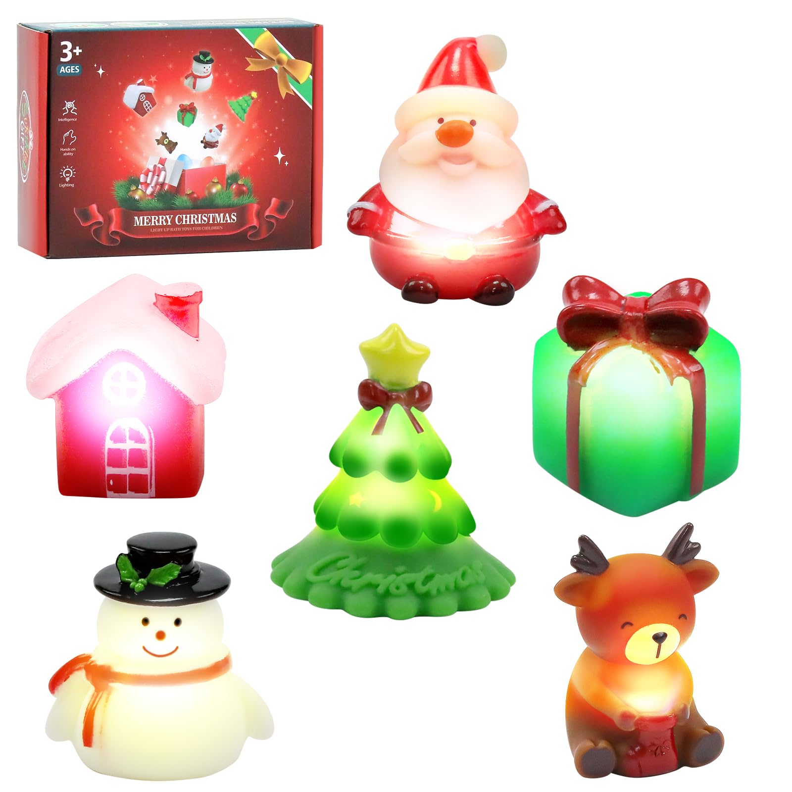 Juguetes de baño luminosos para niños – Juego de 6 juguetes de baño de Navidad con luz, juguetes de agua para bebés a partir de 1 año, juguetes luminosos para bañera, regalo de Navidad