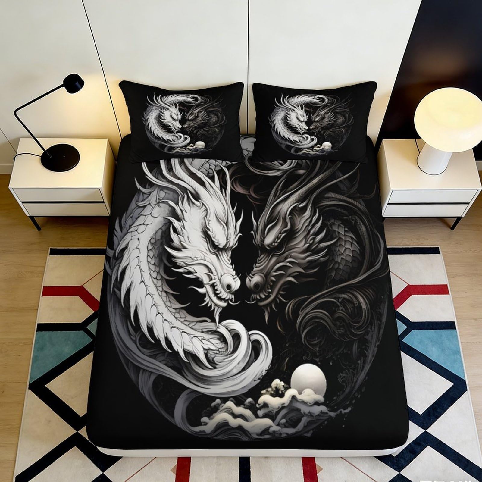 3D Printed Black White Dragon Fitted Sheet Microfiber Soft Non-Slip Yin Yang Bed Cover for Bedroom Dorm Mattress Protection 120x200x25cm