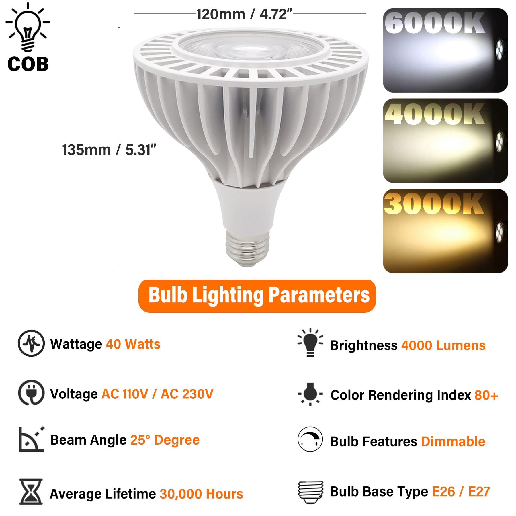 4er-Pack PAR38-Flutlicht-LED-Lampen, 40-Watt-COB-dimmbare Glühbirne (entspricht 300 Watt), ultraheller 4000-Lumen-Strahler, AC 220–240, E27-Sockel, 10–100% Helligkeitsanpassung