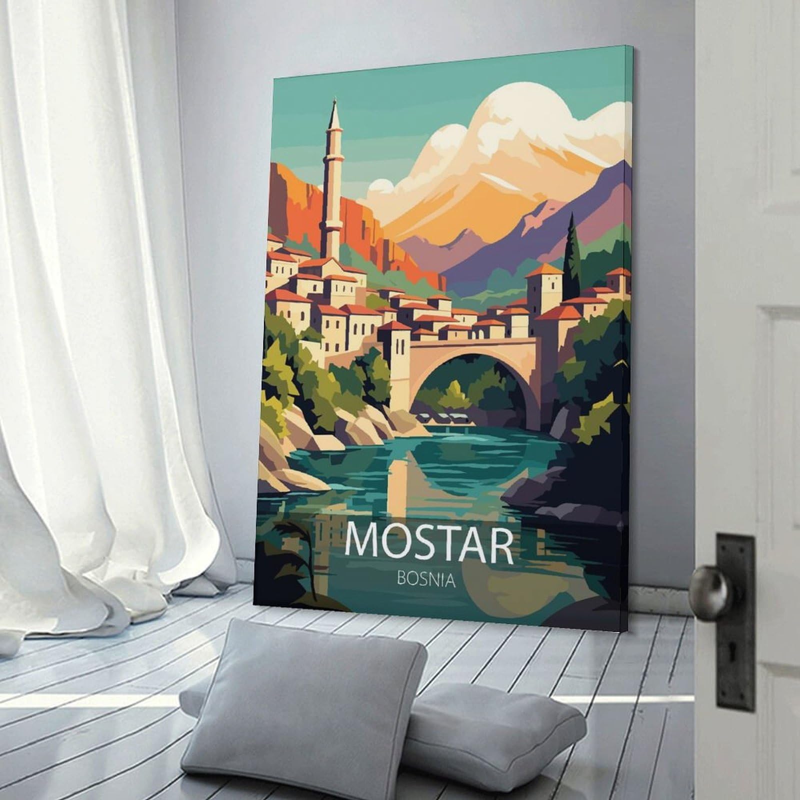Junmoney Mostar, Bosnia Travel Decorative Wall Artwork, 24x36inch(60x90cm), for Home Lounge, Bedroom Or Reading Nook, Eye Catching Artwork for Blank Walls