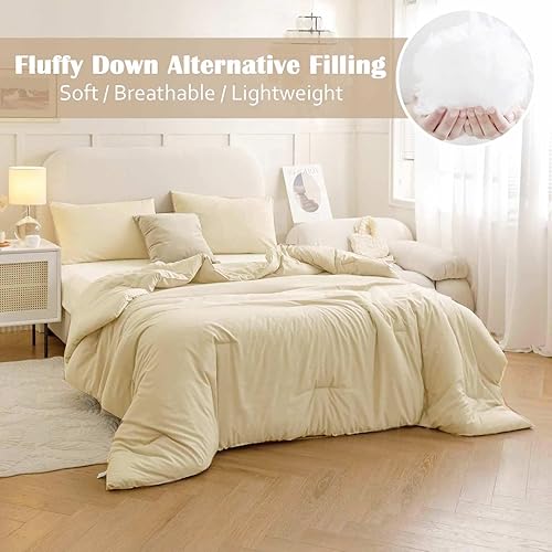 Miniatura 2 de Nanko Juego de edredón de tamaño King, color amarillo beige, para todas las estaciones, relleno de edredón alternativo de plumón sintético, juegos