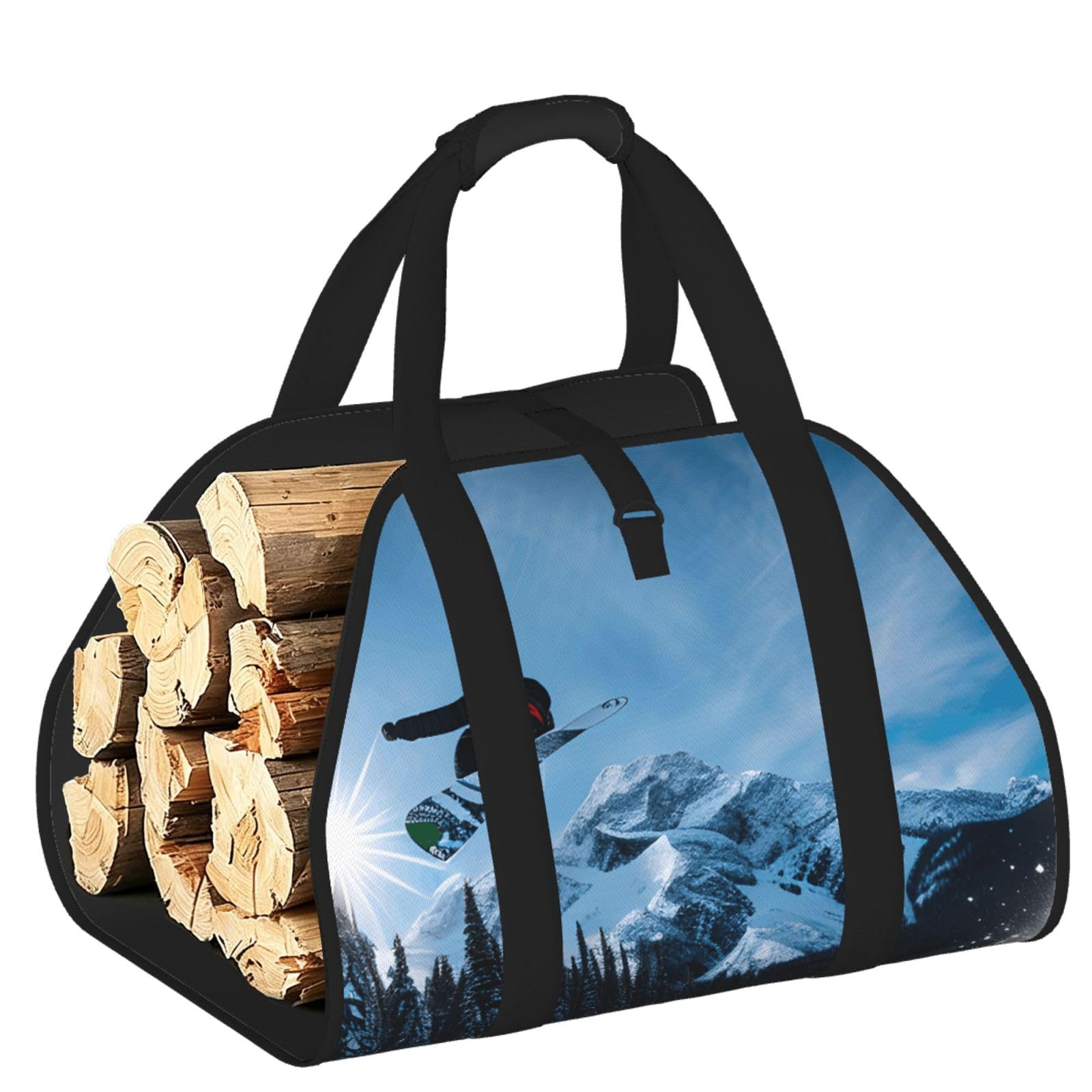 Snowboarding Printed Firewood Carrier Bag, Log Tote with Open-Ended Design for Camping Outdoor Wood Hauling