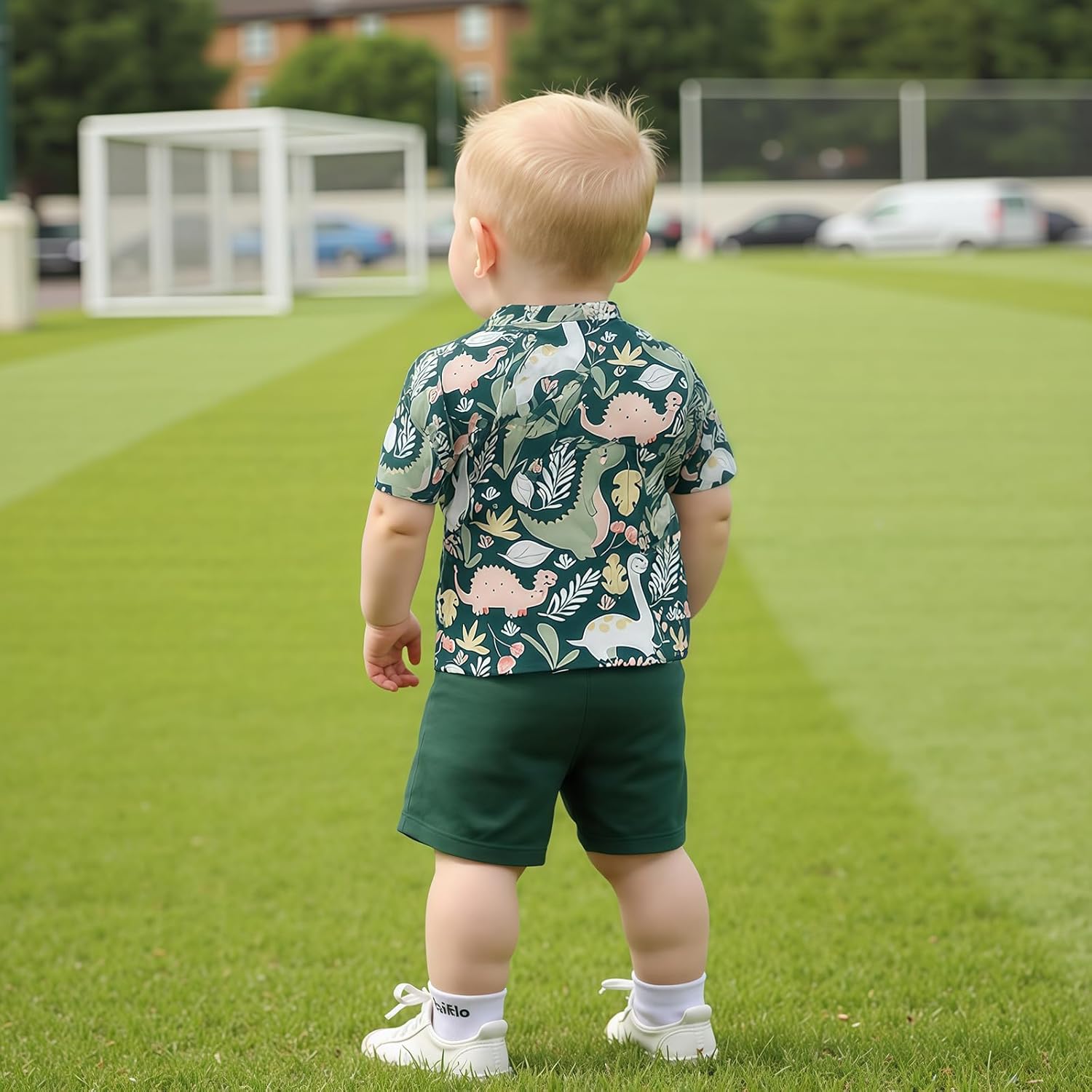 Tsnbre Toddler Baby Boy Clothes Shorts Set Dinosaur Print Shirt Short Sleeve Button Down Top Solid Shorts Summer Outfit - Image 3