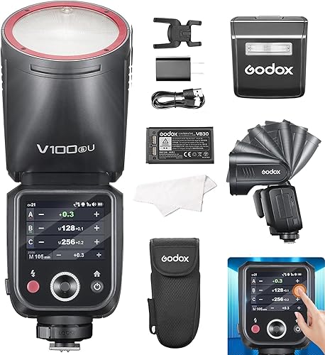 Godox Flash de cámara V100-S para Sony, Speedlite de cabeza redonda TTL de 100W, 400-Full-Power-Flashes, pantalla táctil 2.4G Sistema inalámbrico X