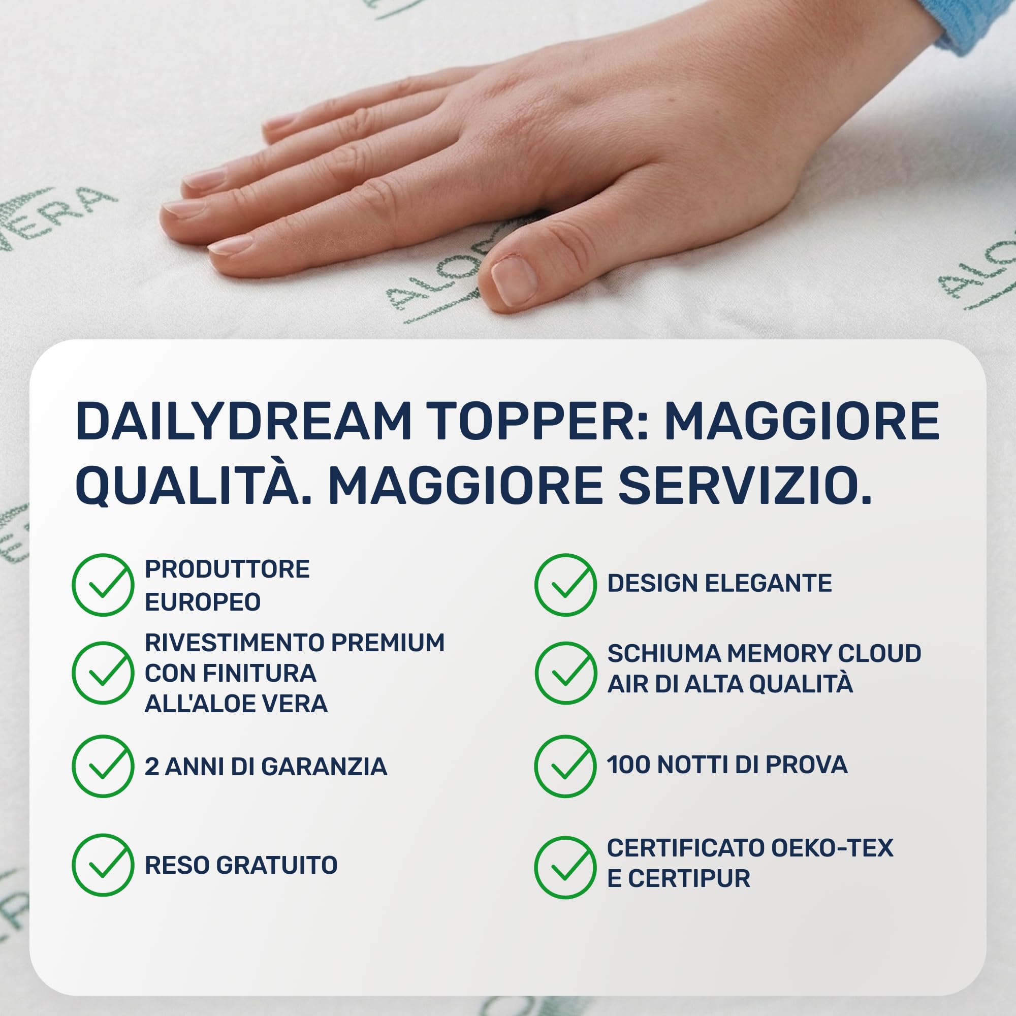 Dailydream Topper matrimoniale piccolo 140x190 cm memory foam, altezza 5 cm, «Edition Aloe Vera, Model M », Topper per materasso, divano letto o letto da campeggio, Coprimaterasso confortevole