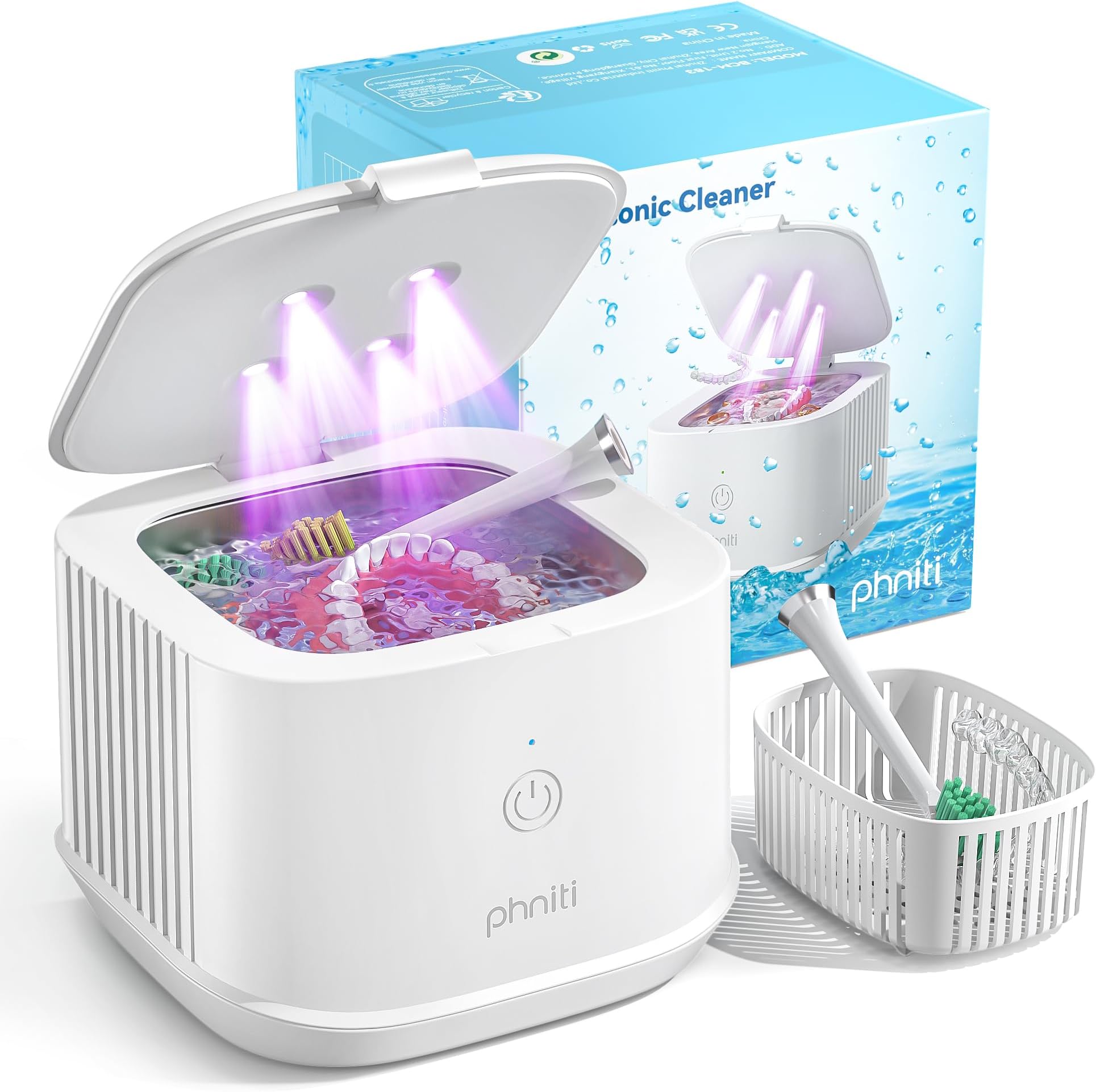 Ultrasonic Retainer Cleaner, Phniti 48kHz Professional Ultrasonic Cleaner Machine for Retainers, Jewelry, Dentures, Mouth Guard, Aligner, Toothbrush Heads, 13OZ Portable Dental Cleaning-White