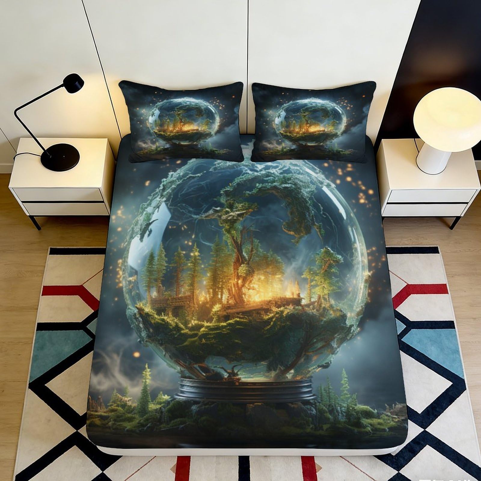 Pnayamiorkfel Style-5 3D Printed Fantasy Forest Fitted Sheet Microfiber Soft Artistic Globe Bed Cover For Bedroom Guest Room Decor 90X200x25cm