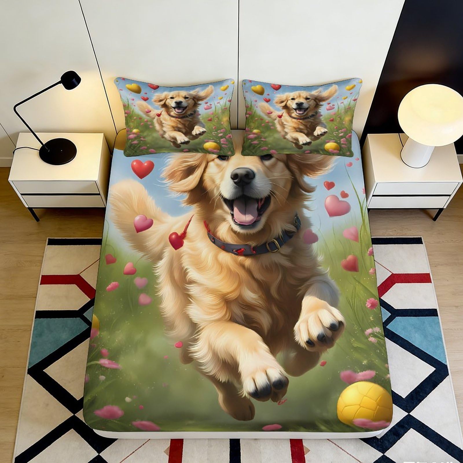 3D Printed Golden Retriever Dog Fitted Sheet Microfiber Soft Bedroom Decor Heart Ball Mattress Cover Home Use 90x200x25cm