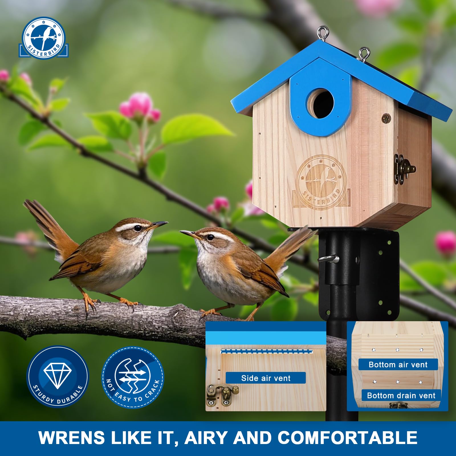 SISTERBIRD- Casas para pájaros WREN para Exteriores Casas para pájaros Colgantes de Cedro para Exteriores Casas para pájaros con Orificio de Entrada de 1-1/8 para Espacio Libre Exterior Caja Nido de