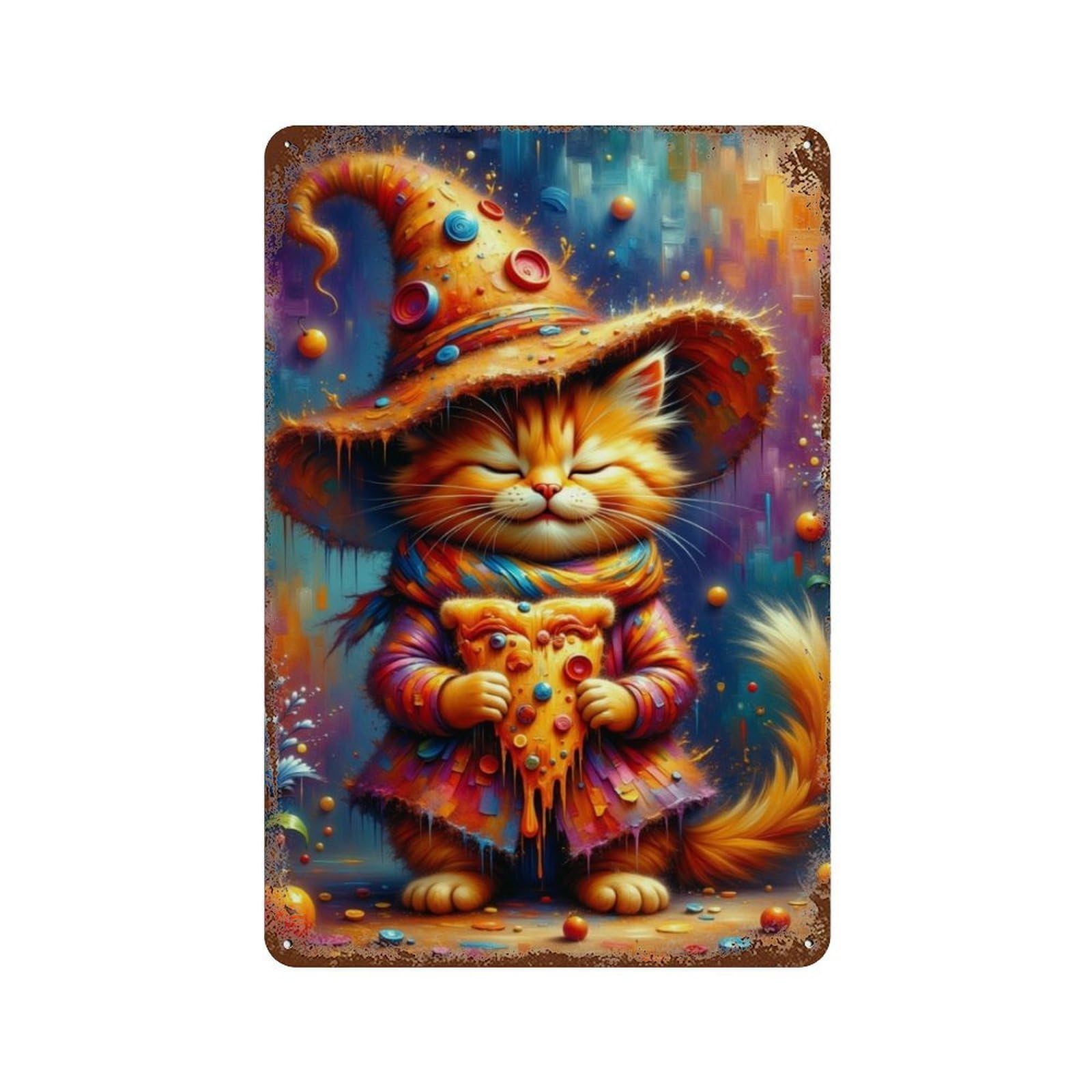 Rust Effect Magical Cat with Pizza Hat Rustic Tin Plaque 11.8"x7.9", Classic Wall Plaque for Shed, Workshop And Garage Wall Decor