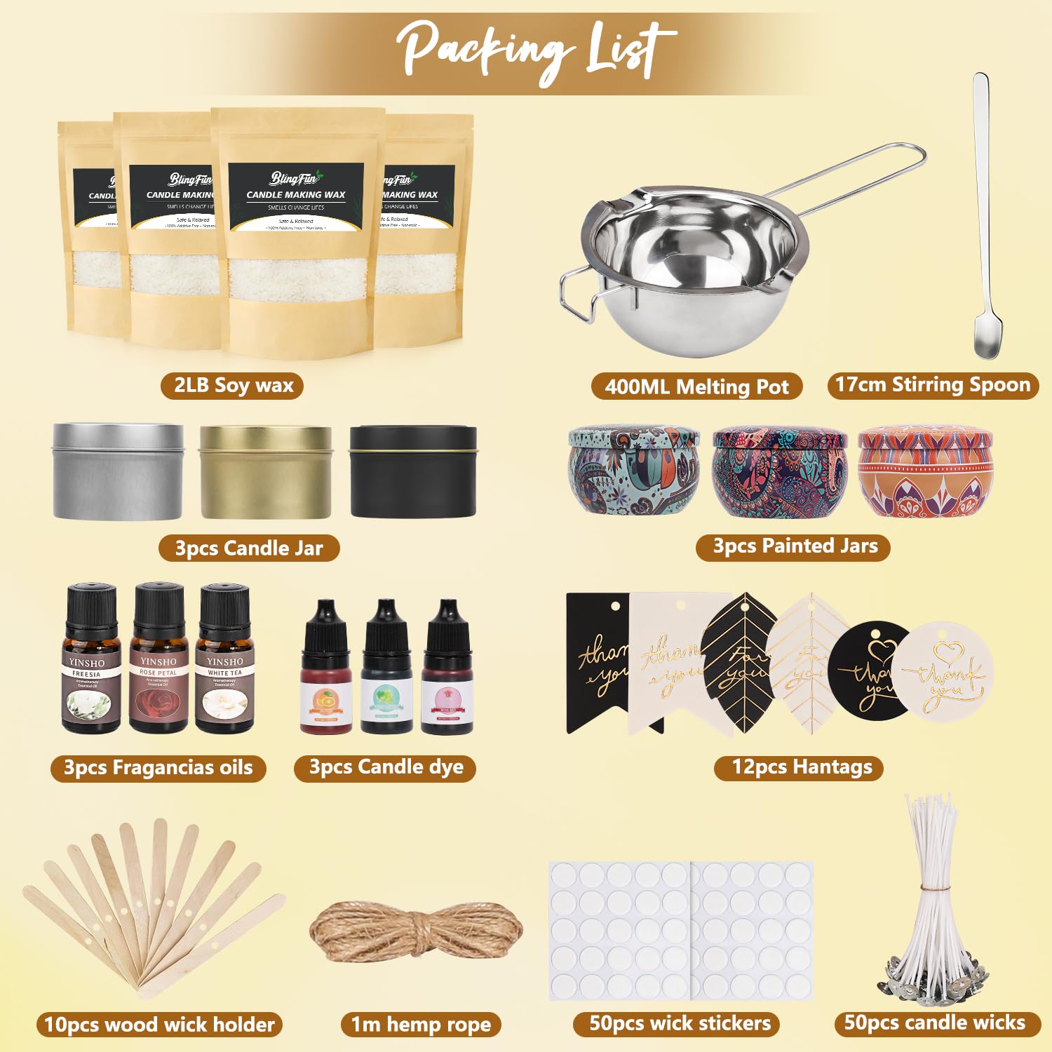 Blingfun Kit Complet pour Fabrication de Bougies en Cire de Soja 900g- DIY Bougie Parfumée avec Mèches, Huiles Fragrances, Colorants, Pot, Autocollants & Outils - Idée Cadeau Créatif pour Adultes