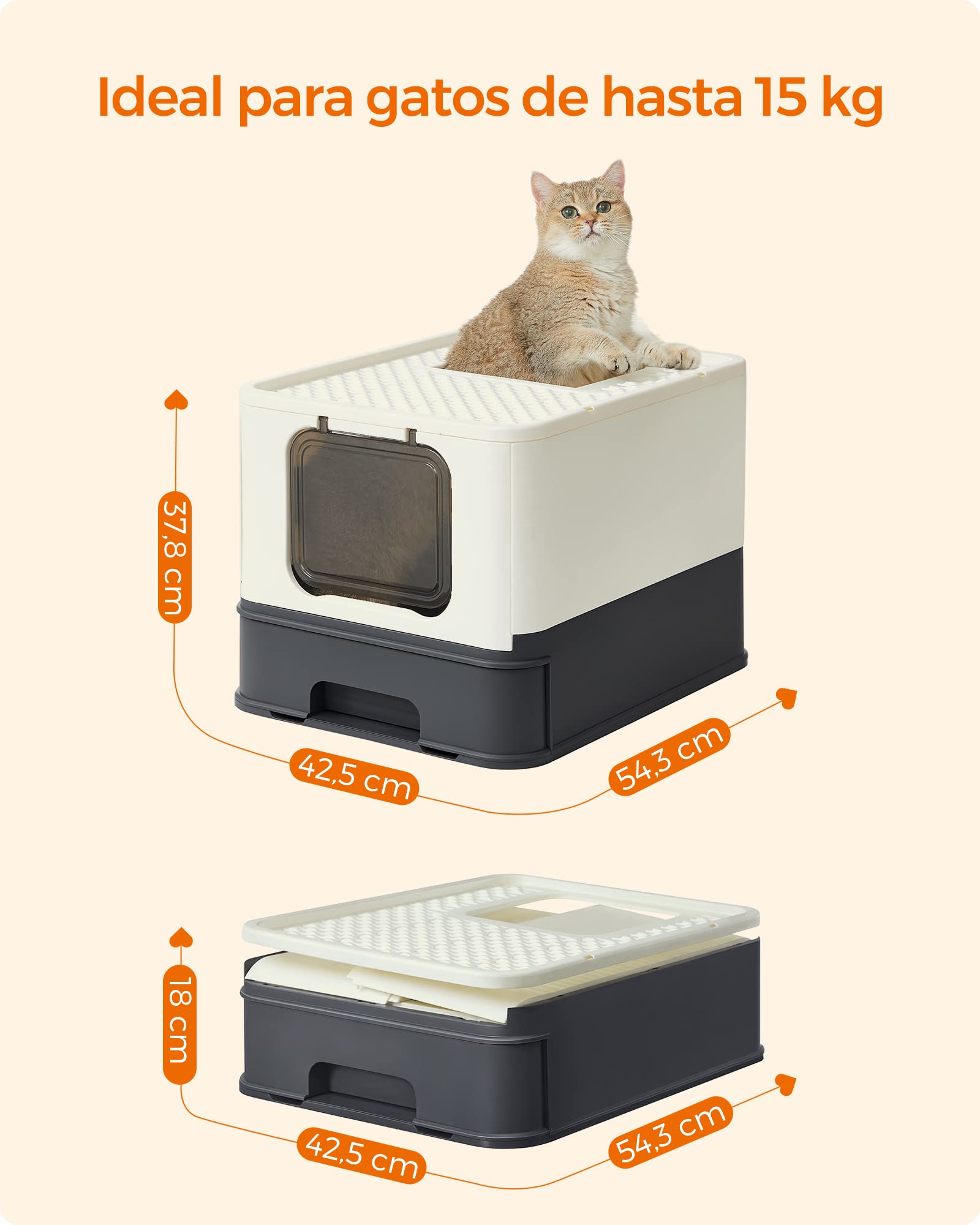 Feandrea Arenero para Gatos, Caja Arena con Bandeja Extraíble, Pala, Cepillo, Espacioso para Gatos Grandes, Carga de 15 kg, Antifiltración, Antiescapes, Beige y Negro PPT001W01