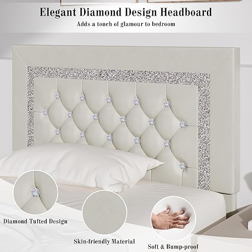 Miniatura 86 de BarnFurin - Base de cama matrimonial con cabecera capitoné, plataforma tapizada con diseño de diamante, base de colchón, soporte de listones de