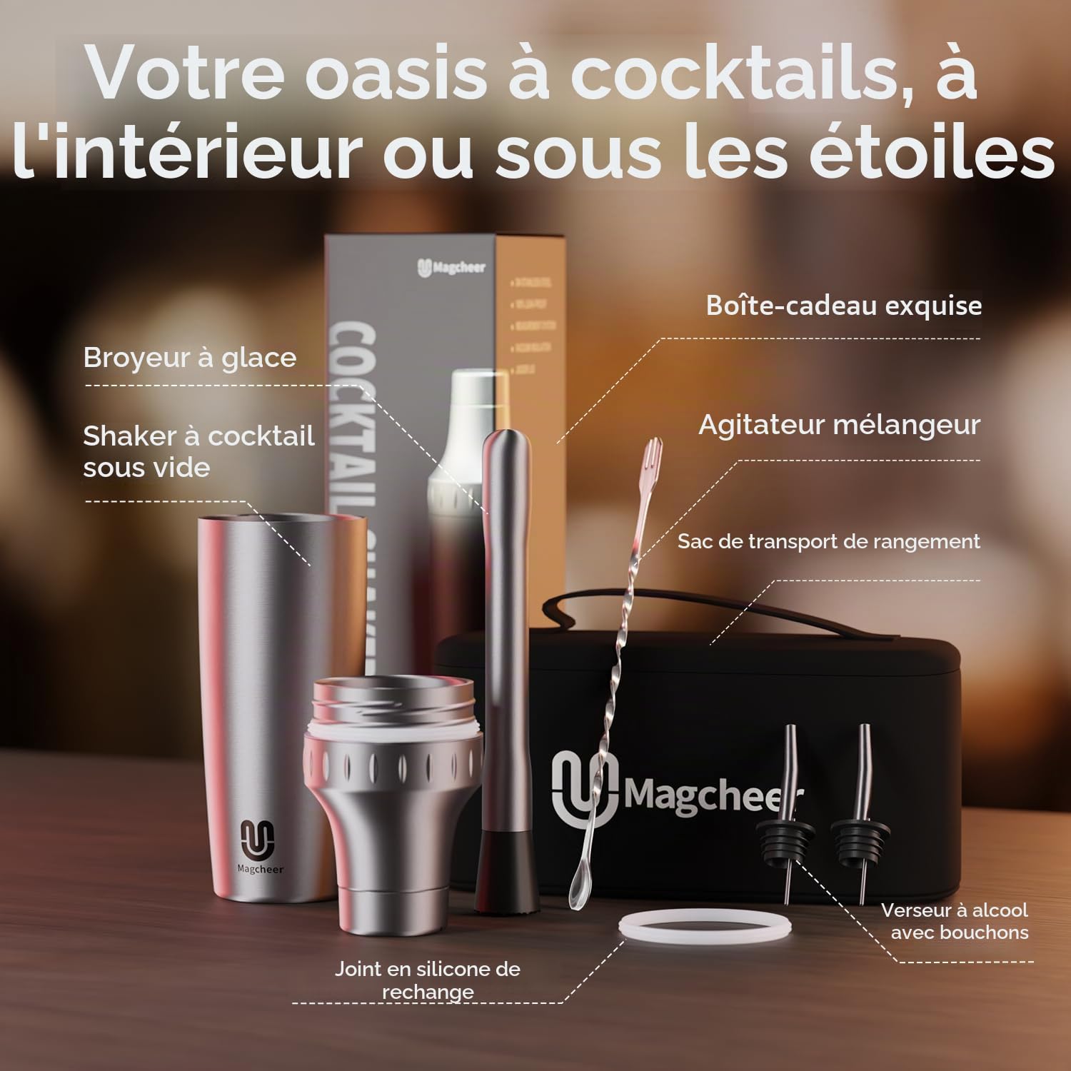 Magcheer 900ml Shaker Cocktail Isotherme Professionnel avec Verre Doseur Intégré | Kit Cocktail 5 Pièces avec Sac de Rangement | Kit Barman pour Débutants et Barmans(Argent)