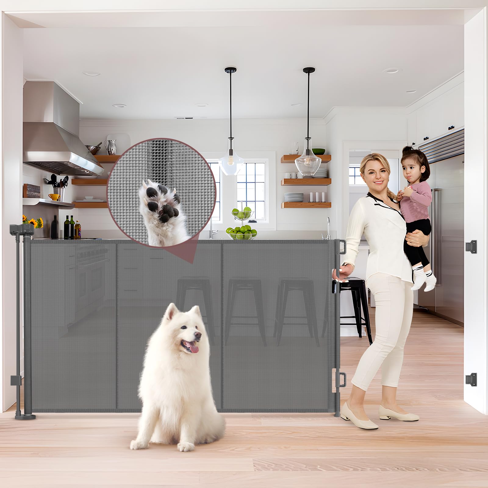 Reinforced 41 Inch Extra Tall Pet Gate 80" Extra Wide Retractable Baby Gate with Support Rods – Prevents Crawling Under, Indoor Extra Tall Baby Gates for Doorways Outdoor Retractable Dog Gate, Gray
