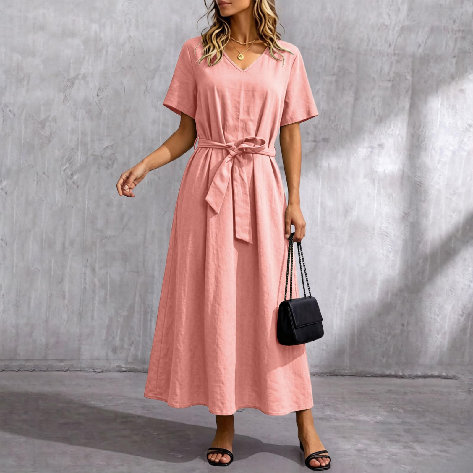 Vestito da Spiaggia Abito da Donna in Lino con Scollo a V, Casual Estivo, a Maniche Corte, Midi, con Cintura, Abito svolazzante per Le Vacanze. Copricostume Cotone