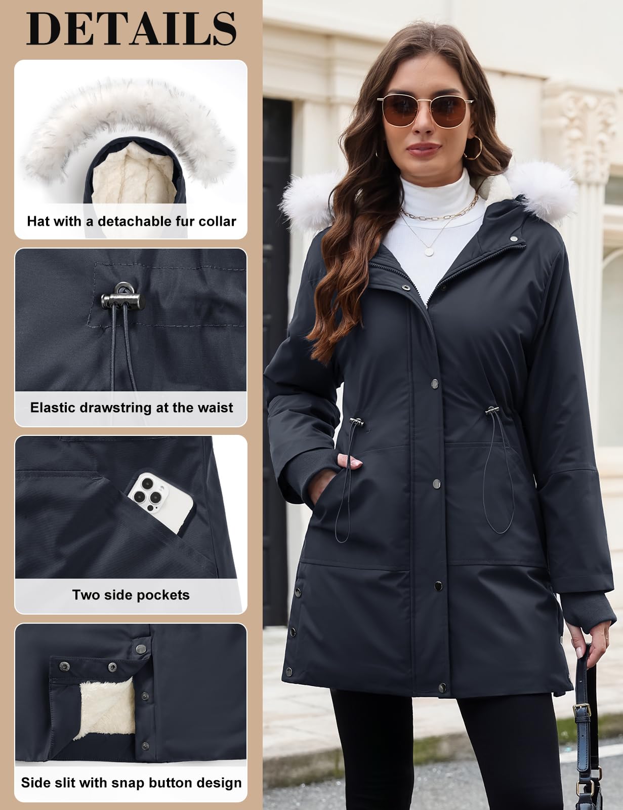Giubbotto Donna Invernale Cappotto Lungo Parka Impermeabile Calda Imbottito con Cappuccio Vello Elegante Cappotti