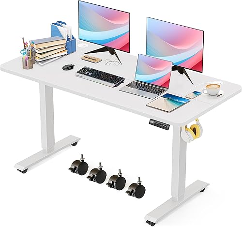 Escritorio eléctrico de altura ajustable, estaciones de trabajo de computadora de 55 x 24 pulgadas con ruedas y ganchos dobles, escritorio de pie