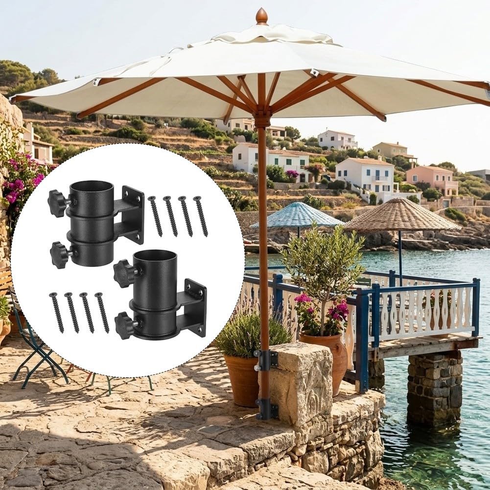 Supporto per ombrellone per ringhiera da patio, staffa angolare per pali da 3,3 a 5,3 cm, set di morsetti in ferro resistente per terrazze da giardino, esterni, supporto stabile