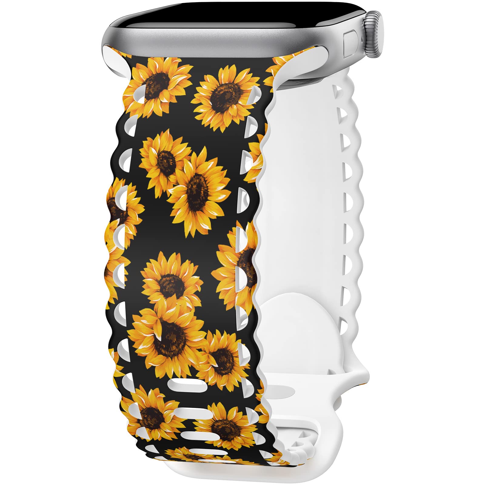 Compatible with Apple Watch Band 41mm 40mm 38mm 49mm 45mm 44mm 42mm Women, Sunflower Print Lace Hollow-out Soft Silicone Sport Bands For iWatch Ultra SE Series 10 9 8 7 6 5 4 3 2, SunflB-38