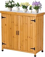 Vista 16 de Banco para macetas al aire libre con parte superior de metal – Gabinete de almacenamiento de jardín impermeable, estación de herramientas de madera